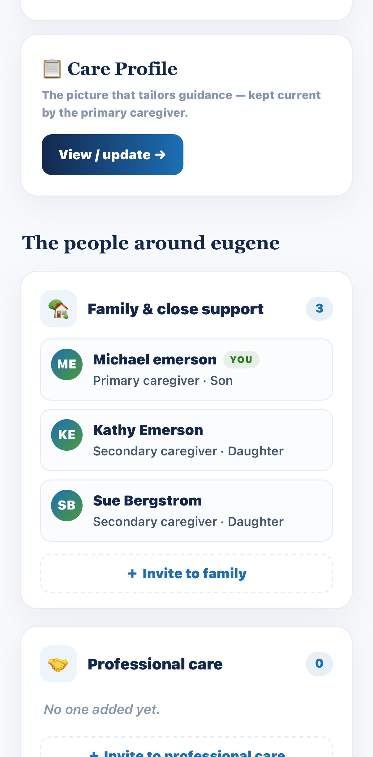 The CAL Care Profile screen