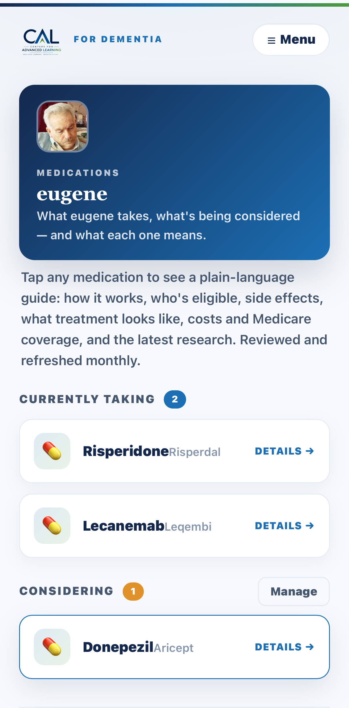 A CAL medication guide screen